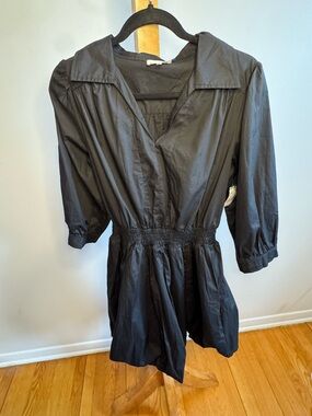 Black Smocked-Waist Mini Dress with Collared V-Neck